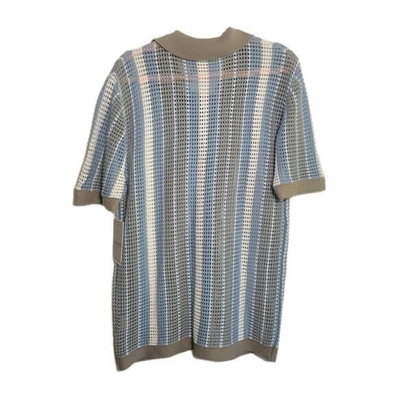 Massive Luxury Crochet Knit Polo Shirt Blue Striped Button Up Closure M Cotton - Picture 2 of 7